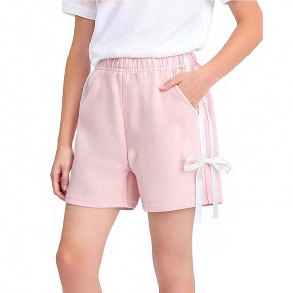 Jalioing Girls Shorts Summer Plain Bowtie Casual Athletic Shorts Kids Girls Elastic Waist Loose Cotton Shorts with Pocket