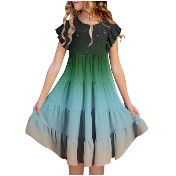 Jalioing Girls Summer Dresses Ruffle Sleeve Tiered Midi Dress Fashion Gradient A-Line Dresses for Teens 6-15 Years