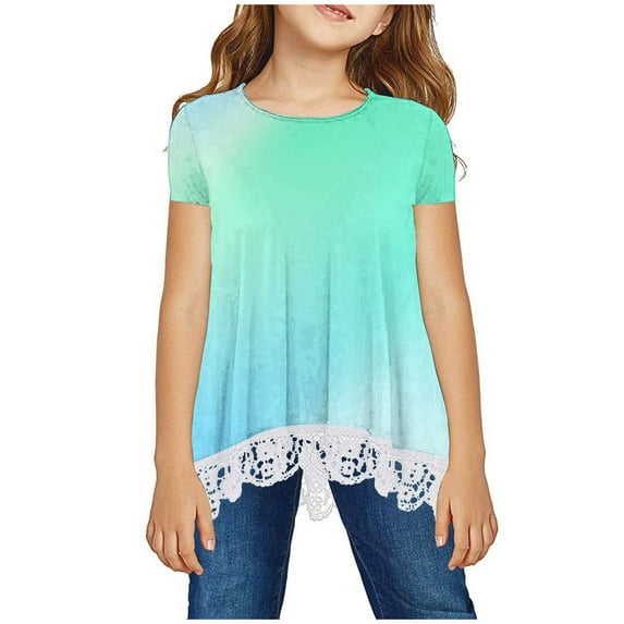 Jalioing Girls Summer Shirt Short Sleeve Crew Neck Fashion Blouse Tops Flowy Lace Trim Tunic Tops Kids Clothes