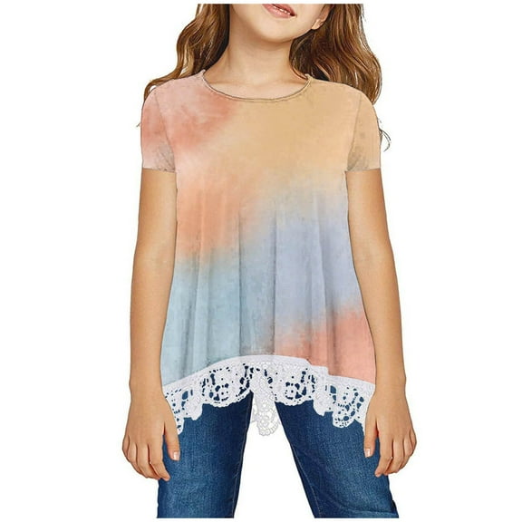 Jalioing Girls Summer Shirt Short Sleeve Crew Neck Fashion Blouse Tops Flowy Lace Trim Tunic Tops Kids Clothes