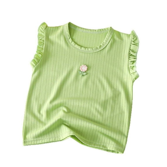 Jalioing Girls Summer Shirts Ruffle Sleeve Crew Neck Ribbed Knit Tops Kids Girls Solid Color Cute Tees Blouses