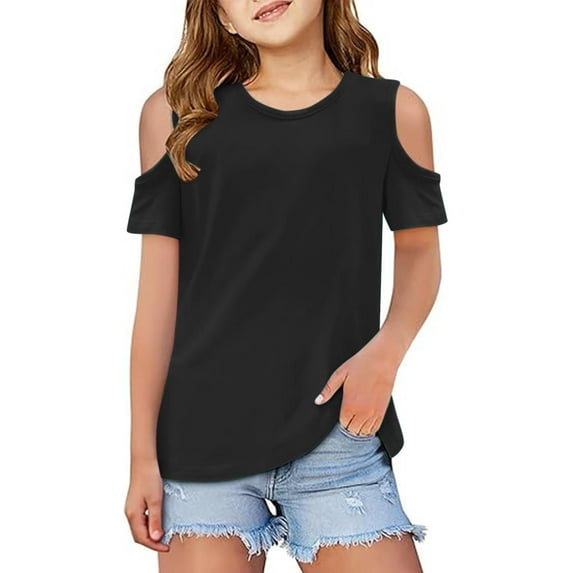 Jalioing Girls Summer Shirts Short Sleeve Cold Shoulder Trendy T Shirt Toddler Kids Plain Crew Neck Blouses