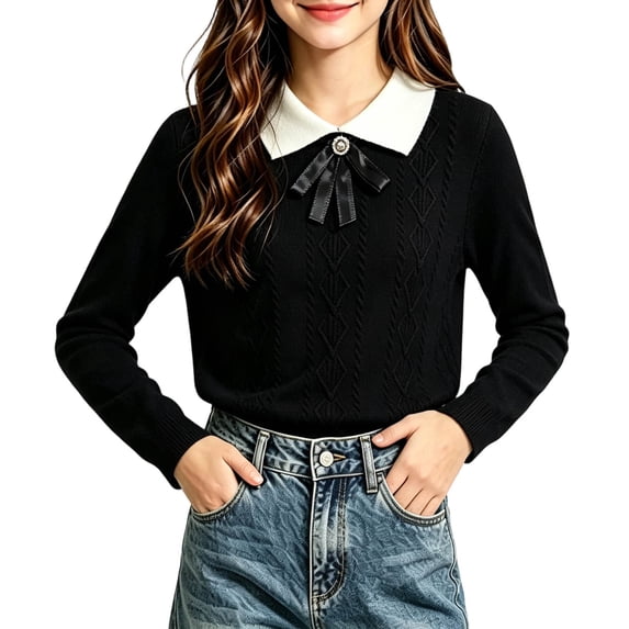 Jalioing Girls Sweaters Fall Winter Collared Patchwork Sweater Tops Fashion Thermal Cable Knit Pullover 2-10 Years