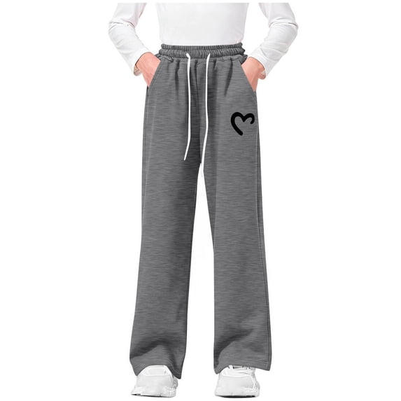 Jalioing Girls Sweatpants Fashion Wide Leg Elastic Waist Drawstring Trousers Hearts Print Thermal Pants with Pocket