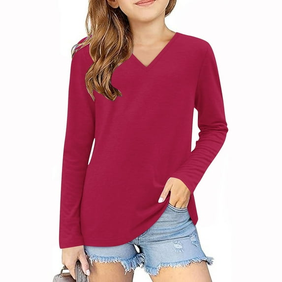 Jalioing Girls V Neck T Shirt Toddler Kids Solid Color Short Sleeve Basic Tee Shirt Summer Casual Pullover Shirts