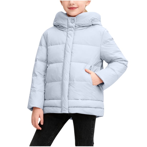 Jalioing Girls Winter Puffer Coat Casual Plain Long Sleeve Hooded Puffy Jacket Fashion Thermal Zipper Outerwear 3-12 Years
