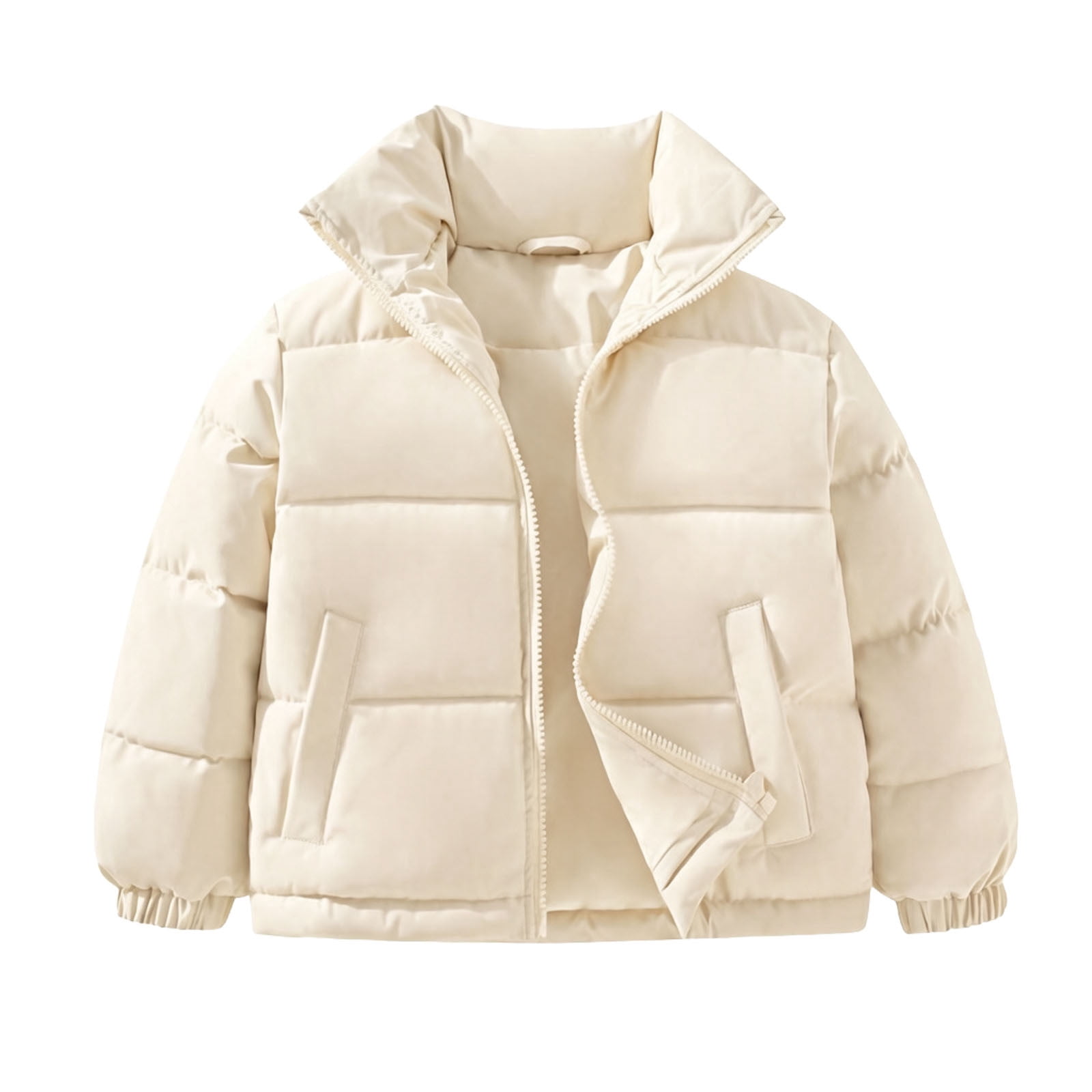 Jalioing Girls Zipper Puffer Jacket Solid Color Stand Collar Puffy