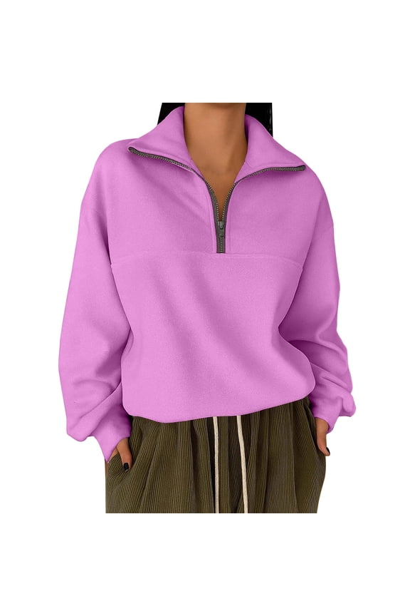 Half Zip Sweatshirts for Women Long Sleeve Collared Solid Casual Pullover Tops Loose Basic Shirts