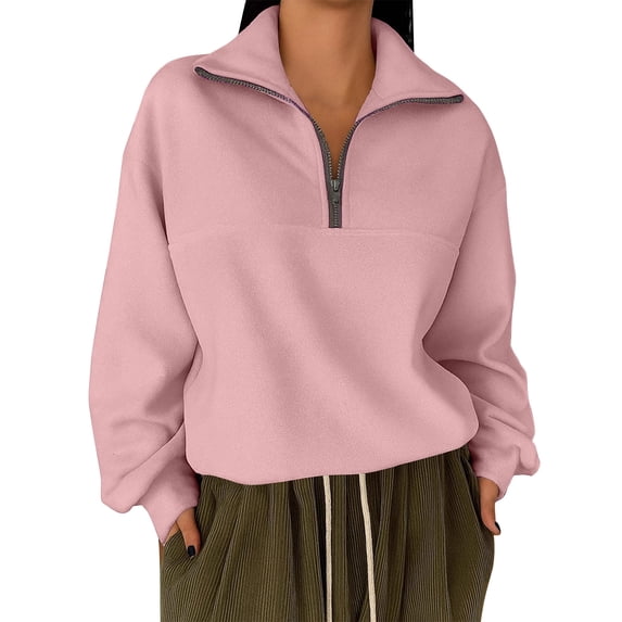 Jalioing Half Zip Sweatshirts for Women Long Sleeve Collared Solid Casual Pullover Tops Loose Basic Shirts