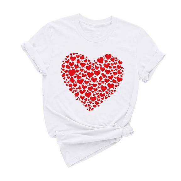 Jalioing Heart Print T Shirt for Women Trendy Tees Tops Short Sleeve Crew Neck Loose Fashion Shirts