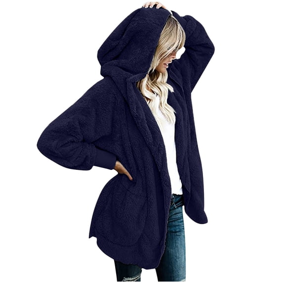 Jalioing Hooded Jackets for Women Long Sleeve Double-Faced Fleece Open Front Padded Coats with Pockets (3X-Large, Blue)