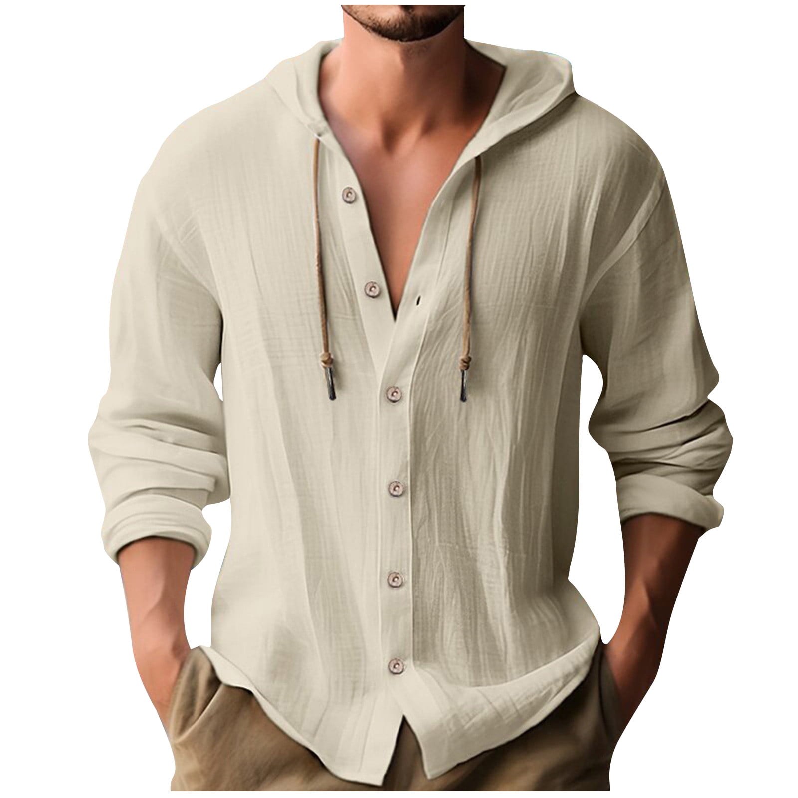 Button up cotton casual long sleeve drawstring hooded shirts deals