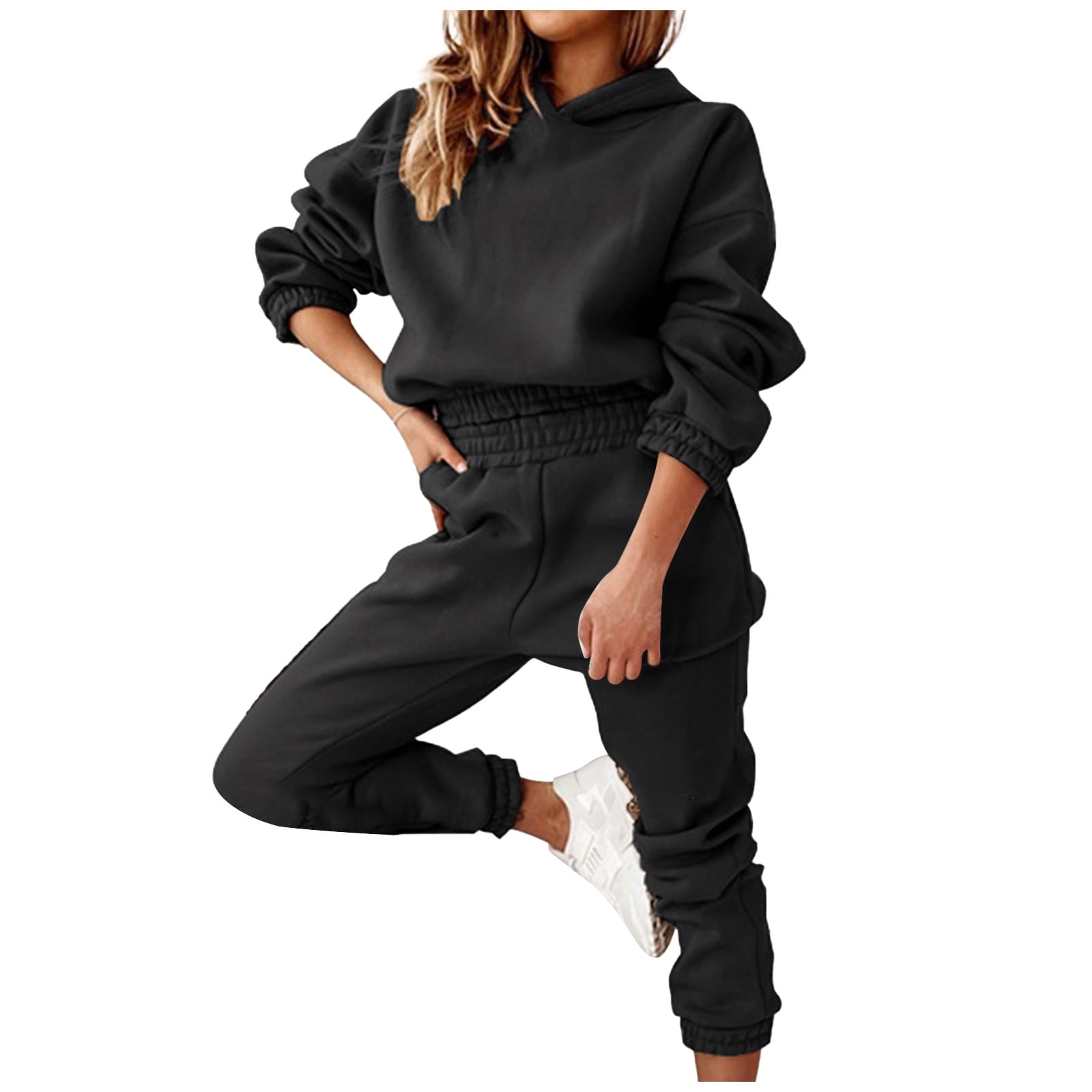 Jalioing Hoodies Tracksuit Women Long Sleeve Hooded Distressed Hem Tops Elastic Rise Pants Matching Joggers Sets X Large Black