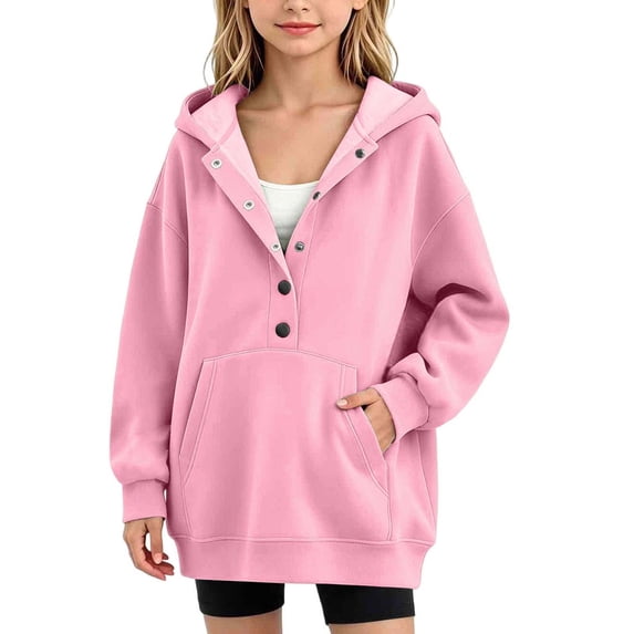 Jalioing Hoodies for Big Girls Fashion Oversized Long Sleeve Pullover Shirt Casual Solid Button Sweatshirt with Pocket