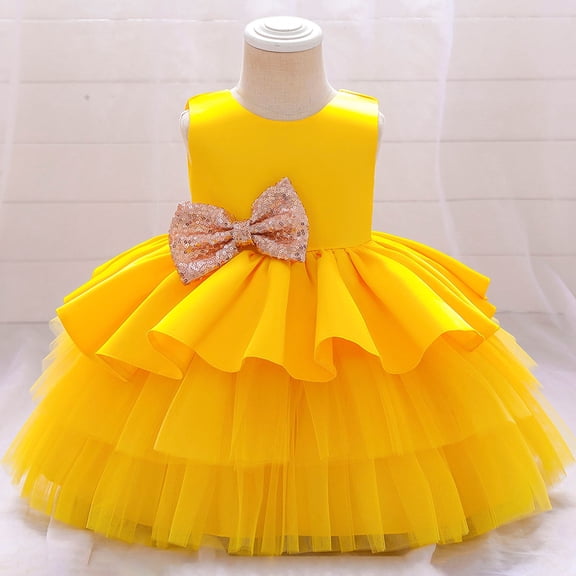 Jalioing Kids Baby Girls Tulle Princess Dress for Birthday Bow Sleeveless Mesh Puffy Dress Girl Skirt (18-24 Months, Yellow)