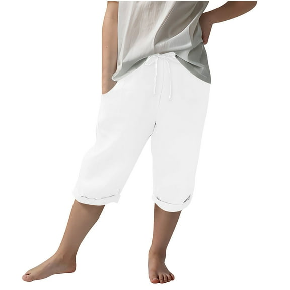 Jalioing Kids Casual Capris Drawstring Waist Loose Cotton Linen Capri Pants with Pocket Summer Crop Beach Pants