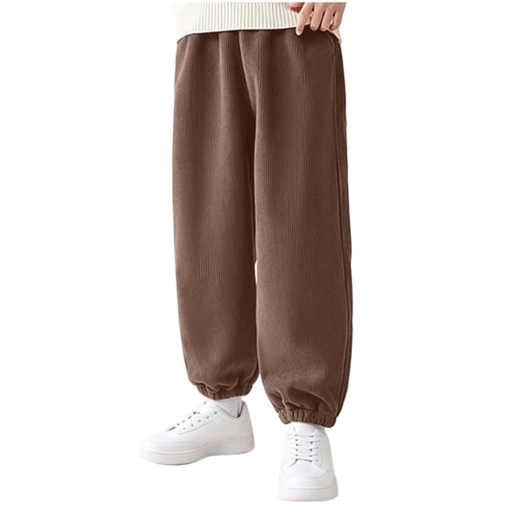 Jalioing Kids Corduroy Joggers Solid Color Casual Elastic Waist Sweatpants Winter Casual Cuffed Sport Pants with Pocket