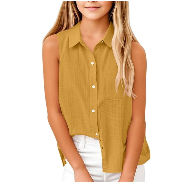 Jalioing Kids Girls Button Down Tank Shirts Collared Sleeveless Summer Shirts Loose Cotton Linen Blouses