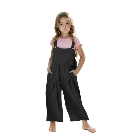 Jalioing Kids Girls Jumpsuit Loose Sleeveless Wide Leg Rompers Summer Casual Overall with Pocket Childrens Outfits