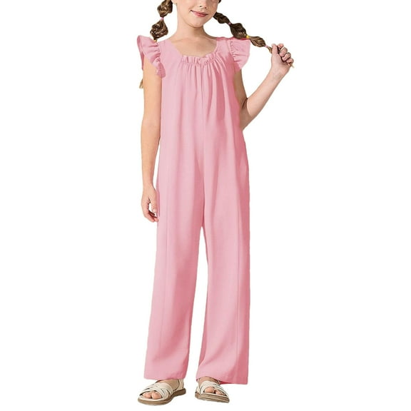 Jalioing Kids Girls Jumpsuits Ruffle Cap Sleeve Overalls Long Pants with Pocket Loose Casual Wide Leg Rompers