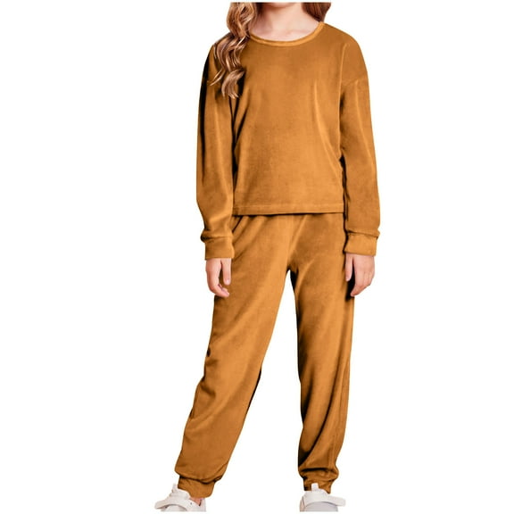 Jalioing Kids Girls Lounge Set 2 Piece Outfits Solid Velvet Long Sleeve Sweatshirts and Sweatpants Set Tracksuit