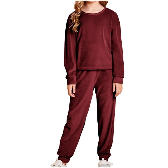Jalioing Kids Girls Lounge Set 2 Piece Outfits Solid Velvet Long Sleeve Sweatshirts and Sweatpants Set Tracksuit