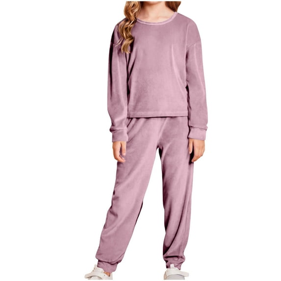 Jalioing Kids Girls Lounge Set 2 Piece Outfits Solid Velvet Long Sleeve Sweatshirts and Sweatpants Set Tracksuit