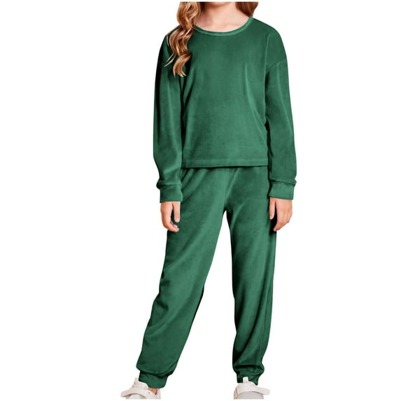 Jalioing Kids Girls Lounge Set 2 Piece Outfits Solid Velvet Long Sleeve Sweatshirts and Sweatpants Set Tracksuit