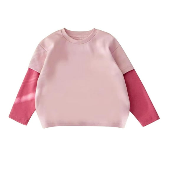 Jalioing Kids Long Sleeve Shirt Patchwork Solid Color Crew Neck T Shirt Boys Girls Fashion Casual Pullover Tees