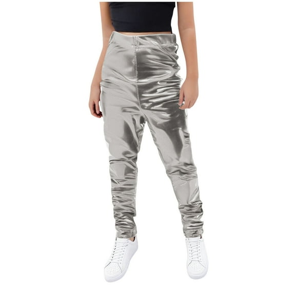Jalioing Kids Performance Trousers Boys Girls Holographic Dance Pants Shiny Sparkly High Waist Party Long Pants
