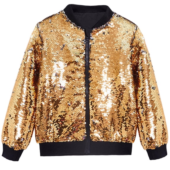 Jalioing Kids Sequin Jacket Sparkly Long Sleeve Zip Up Performance Jacket Boys Girls Shiny Dance Party Outerwear