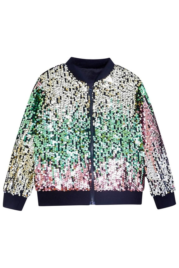 Kids Sequin Jacket Sparkly Zipper Up Longs Sleeve Fashion Jacket with Pocket Boys Girls Glitter Outerwear