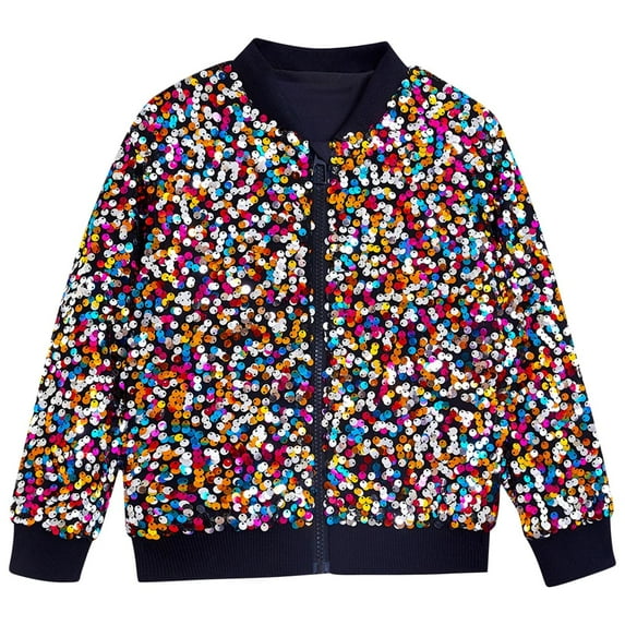 Jalioing Kids Sequin Jacket Sparkly Zipper Up Longs Sleeve Fashion Jacket with Pocket Boys Girls Glitter Outerwear