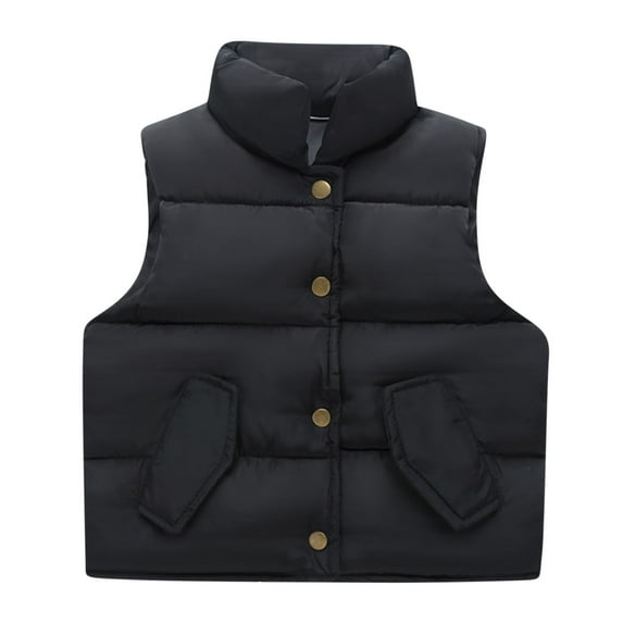 Jalioing Kids Sleeveless Cotton Jacket Winter Stand Collar Jacket Solid Color Button Thermal Vest with Pocket (7-8 Years, Black)