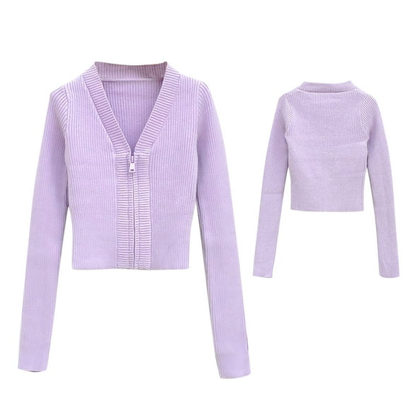 Jalioing Kids Sweater Cardigan V Neck Zipper Up Ribbed Knit Sweater Long Sleeve Crop Sweater Tops Outerwear
