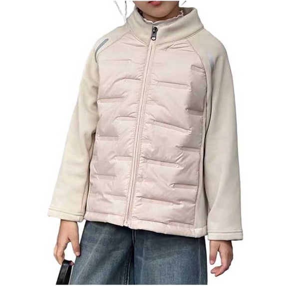 Jalioing Kids Winter Coat Solid Color Patchwork Long Sleeve Zipper Stand Collar Jacket Casual Thermal Outerwear 2-15 Years