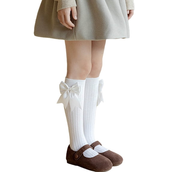 Jalioing Knee High Socks for Big Girls Cotton School Uniform Long Tube Socks Girls Solid Dress Socks with Bow