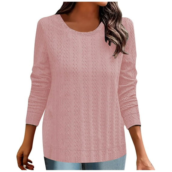 Jalioing Knitted Blouse for Women Spring Long Sleeved Shirt Crew Neck Solid Color Pullover Top (Large, Pink)