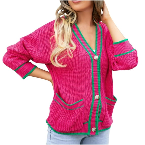 Jalioing Knitted Cardigan Womens Open Front Oversized Sweater Outwear Color Block Fall Sweaters