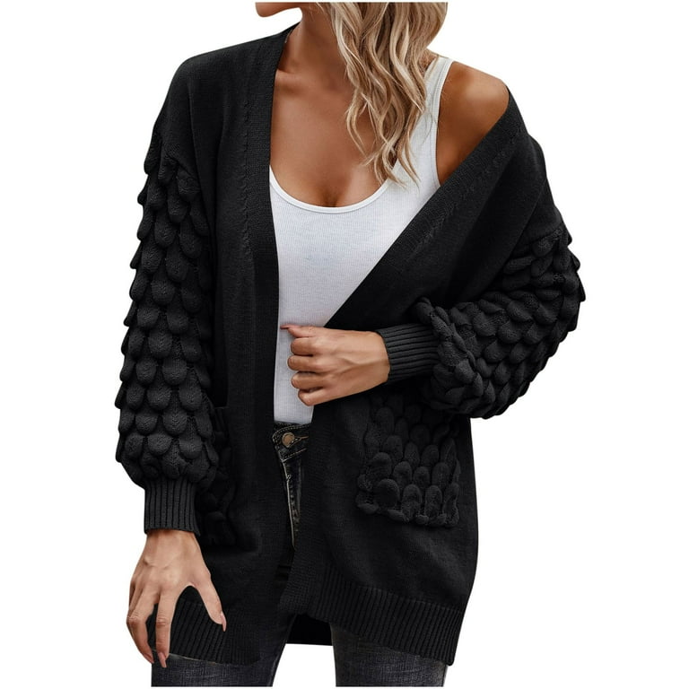 Jalioing Knitted Cardigan for Women Balloon Sleeve Open Front Solid Color Casual Sweater with Pockets Medium Black