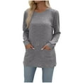 thumbnail image 1 of Jalioing Knitted Crochet Sweater for Women Solid Color Ruched Long Sleeve Round Neck Slim Pocket Knitwear Top (Medium, Gray), 1 of 7