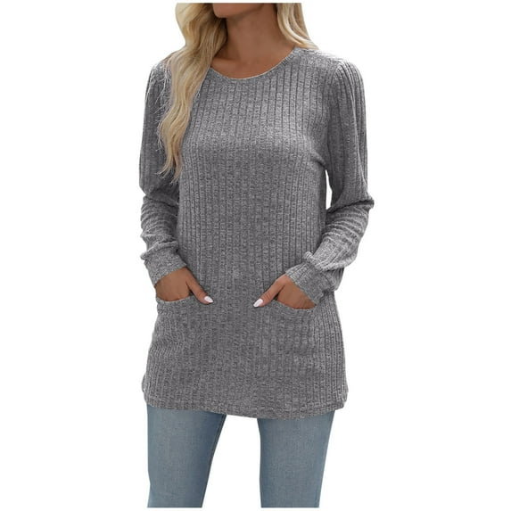 Jalioing Knitted Crochet Sweater for Women Solid Color Ruched Long Sleeve Round Neck Slim Pocket Knitwear Top (Medium, Gray)