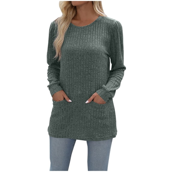 Jalioing Knitted Crochet Sweater for Women Solid Color Ruched Long Sleeve Round Neck Slim Pocket Knitwear Top (Small, Army Green)