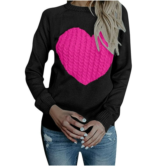Jalioing Knitted Undershirt for Women Round Neck Long Sleeve Heart Printed Trendy Pullover Sweater (Small, Hot Pink)