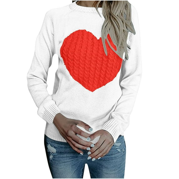 Jalioing Knitted Undershirt for Women Round Neck Long Sleeve Heart Printed Trendy Pullover Sweater (X-Large, White)