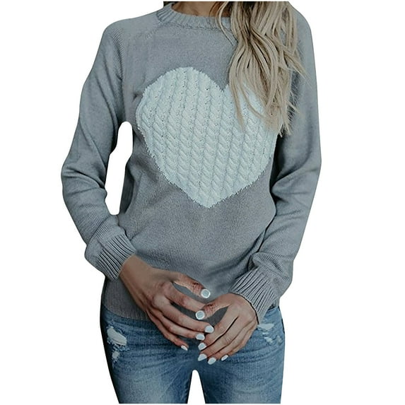 Jalioing Knitted Undershirt for Women Round Neck Long Sleeve Heart Printed Trendy Pullover Sweater (XX-Large, Gray)