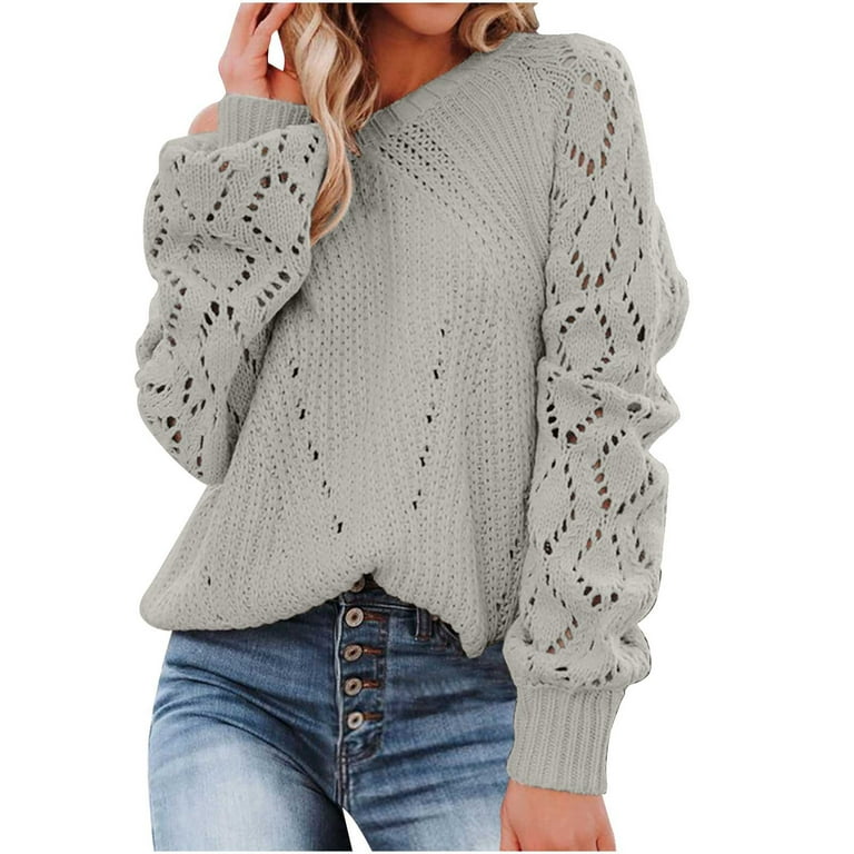 Women Solid Color Knitted Lantern Long Sleeve Sweater