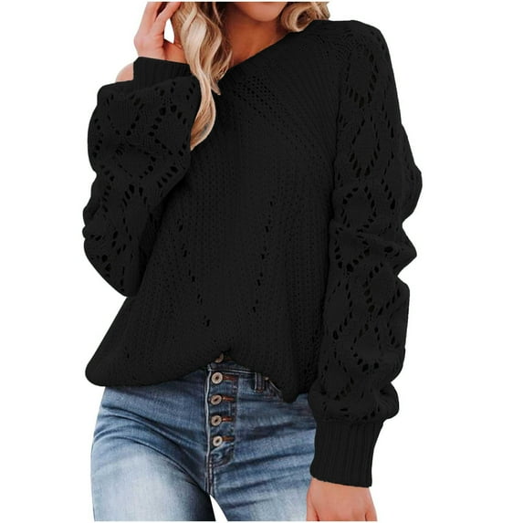 Jalioing Lantern Sleeve Sweater for Women Round Neck Long Sleeve Solid Color Cutout Pullover Knit Tops (Small, Black)