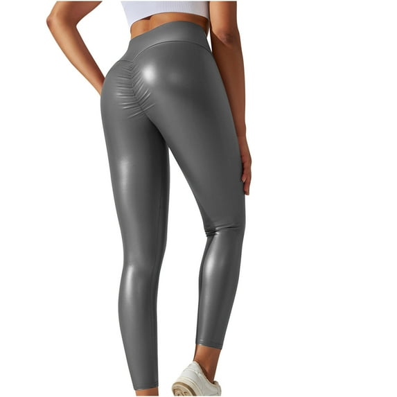 Jalioing Leggings for Women Leather Solid Color High Waist Seamless Stretchy Skinny Sport Pants (Small, Gray)