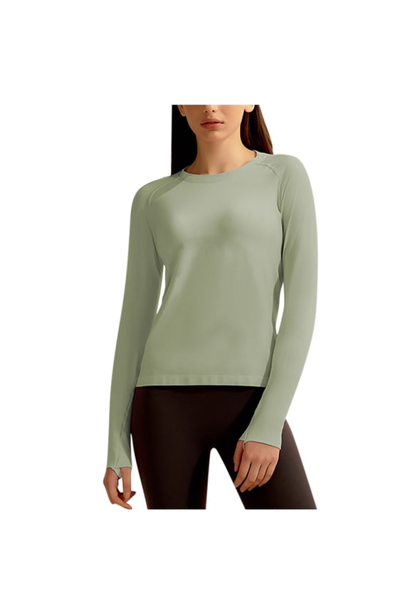 Long Sleeve Athletic T Shirts for Women Solid Color Crew Neck Workout Tops with Thumb Hole Gym Sport Clothes